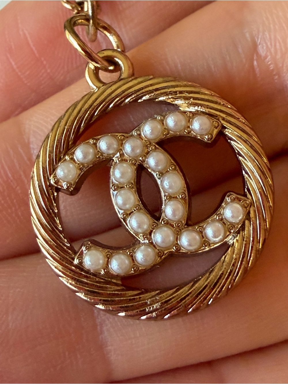 CHANEL Gold-Tone CC Pearly Pendant Necklace